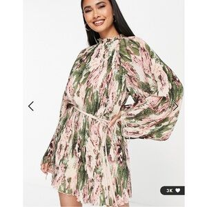 ASOS DESIGN | NEW Plisse Floral Mini Dress With Blouson Sleeves Size 2